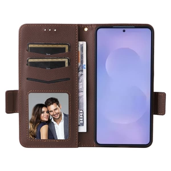 Galaxy S26/S26 Pro Plånboksfodral Litchi Konstläder med Rem - Brun Brun
