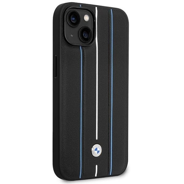 BMW Mobilskal till iPhone 14 Läder Stamp Blue Lines - Svart Black