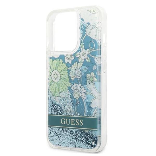 Guess iPhone 13 Pro Cover Flower Liquid Glitter - Grøn Grön
