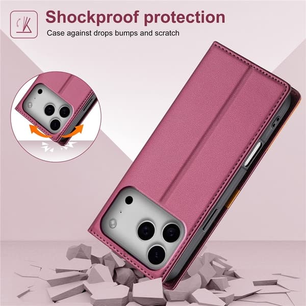 N.BEKUS iPhone 17 Pro Konstläder Plånboksfodral RFID-Skydd P3 - Vinröd Vinröd