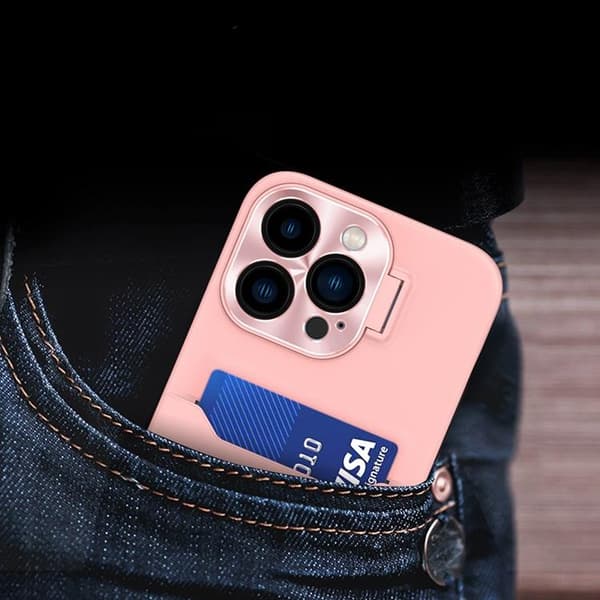 iPhone 14 Pro Max -kotelo korttikotelolla, nahkaa, jalusta - Pinkki Rosa