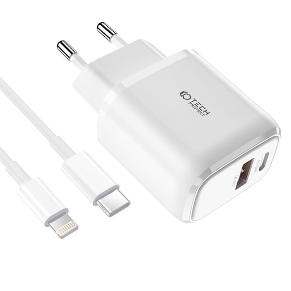 Tech-Protect Väggladdare Lightnin 20W , Lightning Kabel - Vit