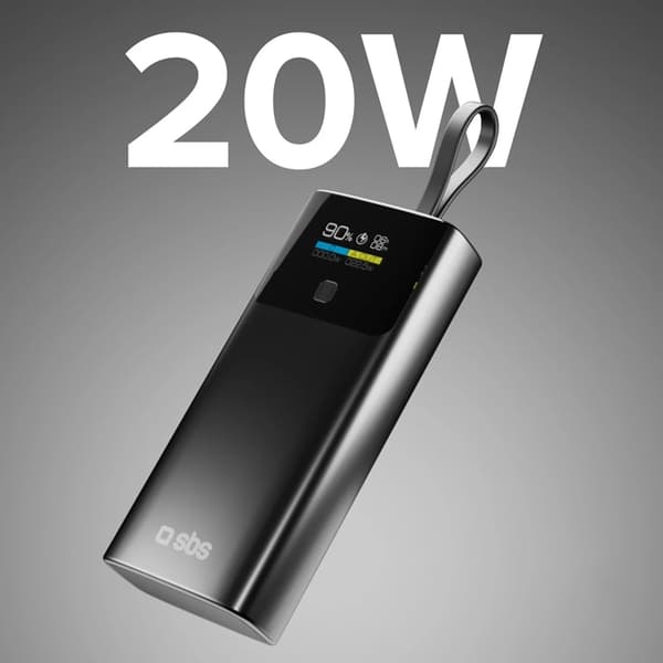 SBS Powerbank 10000mAh 20W PD Och USB-C Kabel med LCD - Grå Grå