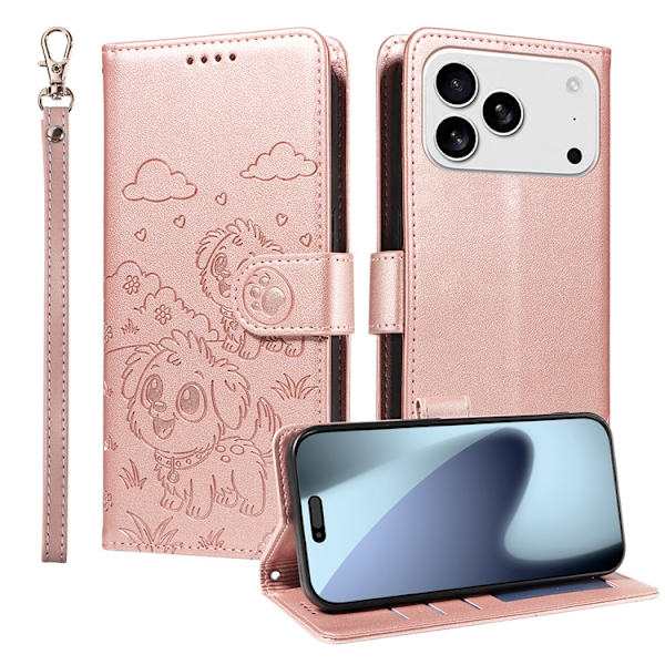 iPhone 17 Pro Konstläder Plånboksfodral RFID-Skydd med handledsrem - Rosa Rosa