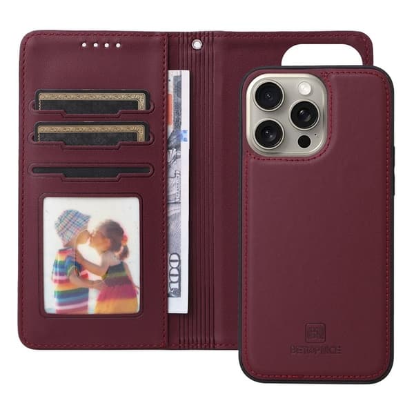 BETOPNICE iPhone 15 Pro Max Plånboksfodral - Detachable Konstläder- Vinröd