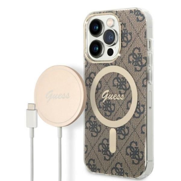 GUESS iPhone 14 Pro Magsafe Skal Print + Trådlös Laddare - Brun