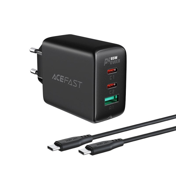 Acefast 2i1 Vægoplader 2x USB-C Til USB 65W Kabel - Sort