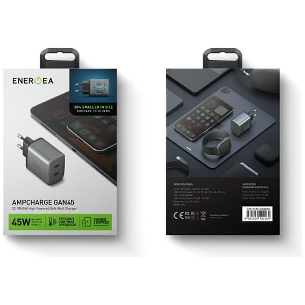 Energea Vægoplader 2xUSB-C 45W - Grå Grå