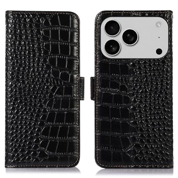 iPhone 17 Pro Plånboksfodral Äkta Läder Crocodile - Svart