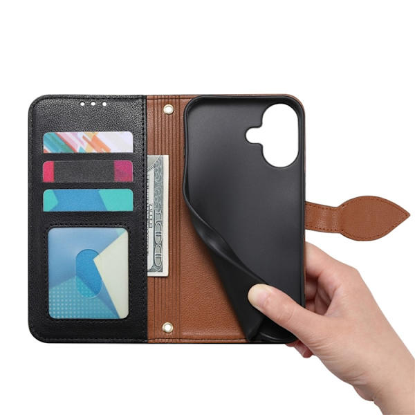 iPhone 17 Plånboksfodral Leaf Magnetiskt Spänne Konstläder Svart
