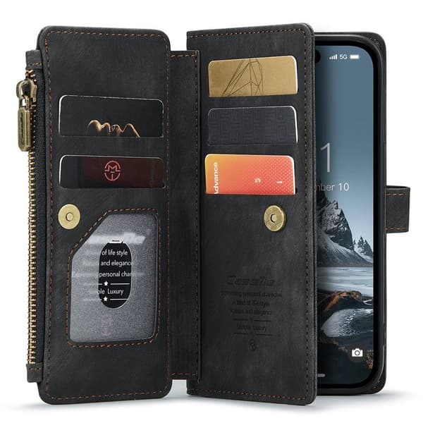 CASEME Konstläder Plånboksfodral för iPhone 15 Pro Max med rem - Svart