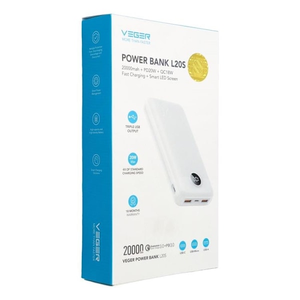 VEGER Powerbank 20000 mAh PD QC 3.0 2A 20W L20S - Vit Vit