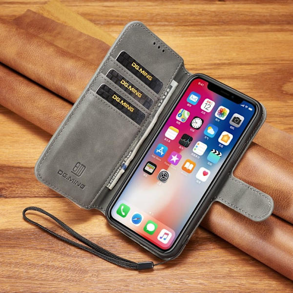 DG.MING Retro Konstläder Plånboksfodral för iPhone XS - Grå