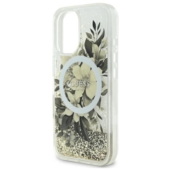 Guess Mobilskal till iPhone 16 MagSafe Liquid Glitter Flower Beige