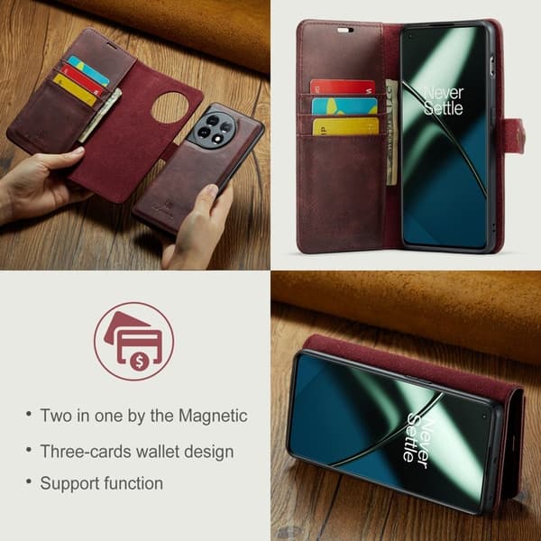 DG.MING OnePlus 11 5G Äkta Läder Plånboksfodral Detachable Magnet Röd