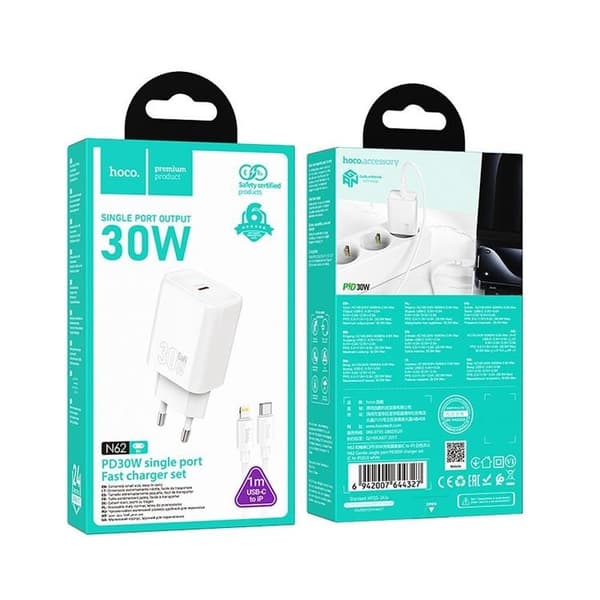 HOCO Hurtigoplader USB-C 30W USB-C/Lightning-kabel PD QC N62 Vit
