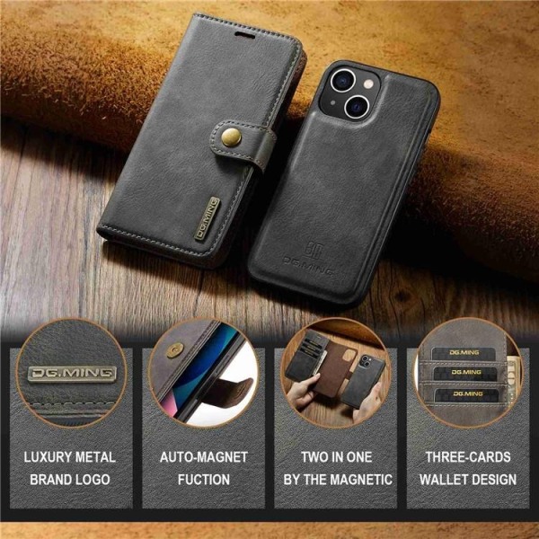 DG.MING iPhone 15 Plus Plånboksfodral Äkta Läder 2in1 - Grå