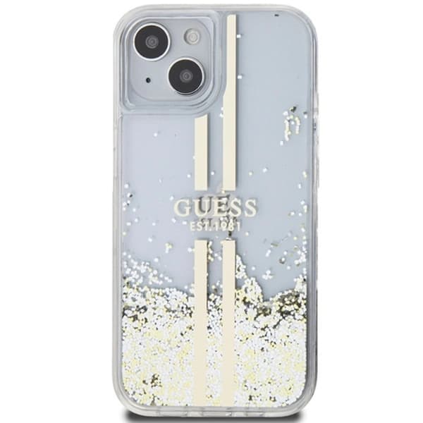 Guess Mobilskal till iPhone 15/14 Plus Liquid Glitter Gold Stripes Transparent