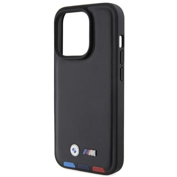 BMW iPhone 15 Pro Mobilskal Läder Stamp Tricolor - Musta Black