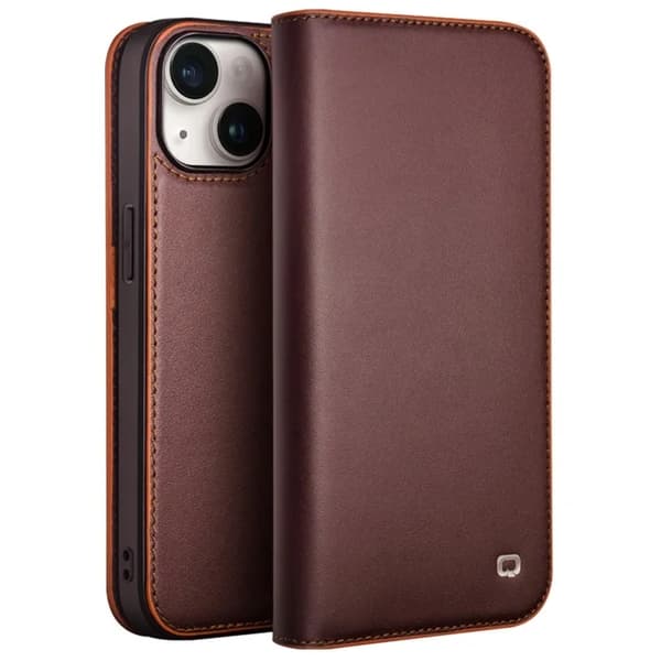 QIALINO iPhone 15 Plus Plånboksfodral Äkta läder - Brun Brun