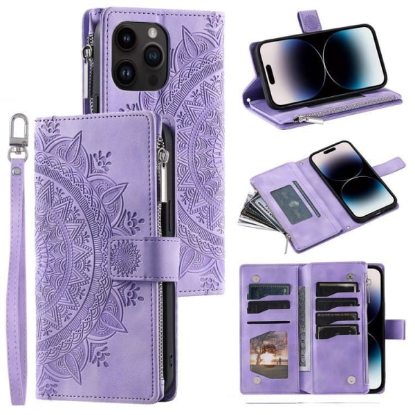 iPhone 15 Pro -lompakkokotelo Mandala-kukkapainotettu - violetti