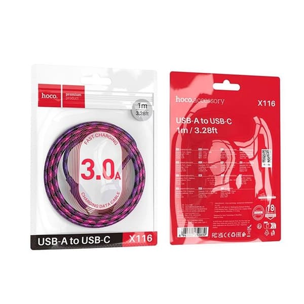 HOCO USB-A til USB-C Kabel 3A 1m Nylon X116 - Gradient Lilla Lila
