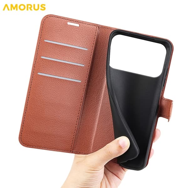 AMORUS iPhone 17 Pro Konstläder Plånboksfodral Flipstativ Litchi - Brun Brun