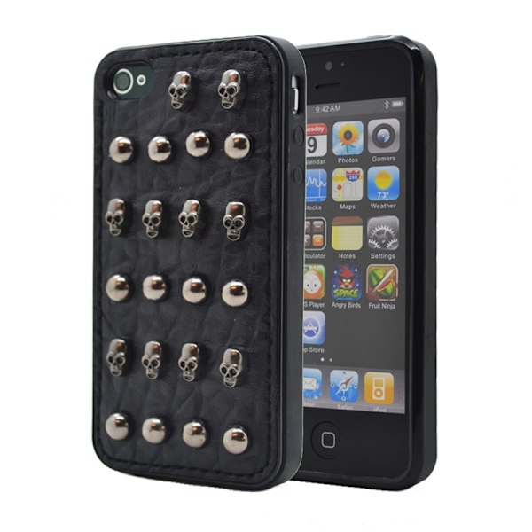 Studded leather pattern FlexiSkal till Apple iPhone 4S/4 (Dot Skulls) Svart