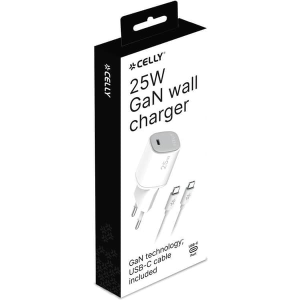 Celly Snabbladdare GaN 1 x USB-C PD 25W + USB-C Kabel - Vit Vit