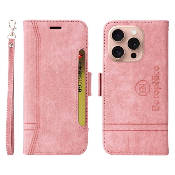 BETOPNICE 001 iPhone 16 Pro Plånboksfodral Konstläder - Rosa
