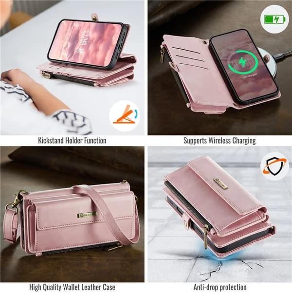 Caseme iPhone 16 Plus Konstläder Plånboksfodral RFID-Skydd Zipper - Rosa Rosa
