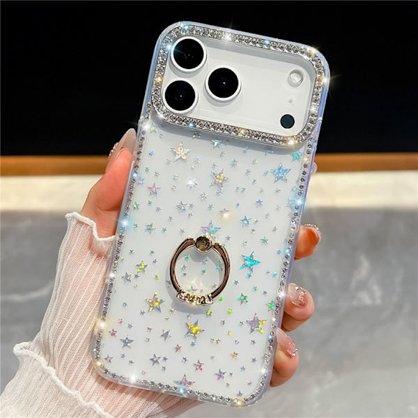 Mobilskal till iPhone 17 Pro Max Rhinestone Edge Ring Kickstand Transparent