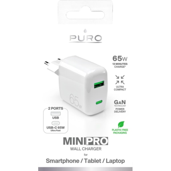 Puro Väggladdare 65W USB-A Till USB-C - Vit