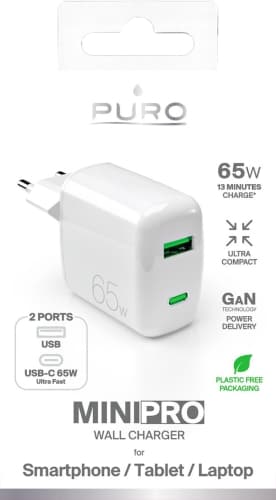 Puro Vægoplader 65W USB-A Til USB-C - Hvid Vit