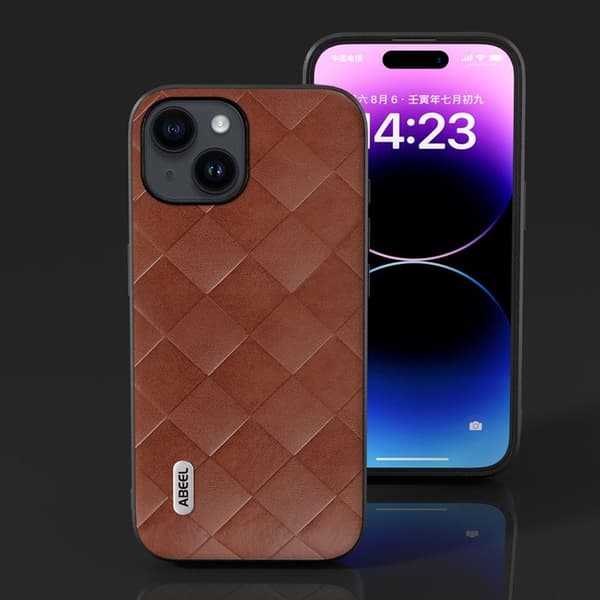 ABEEL Mobilskal till iPhone 15 PU Läder PC+TPU Stötabsorberande - Brun