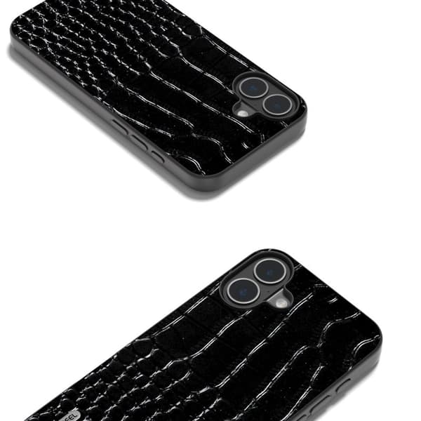 ABEEL Mobilskal till iPhone 16 Plus Äkta Läder Bakcover Krokodiltextur - Svart