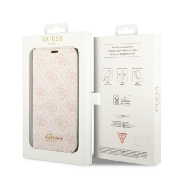 GUESS iPhone 14 Pro lompakkokotelo 4G Vintage Gold Logo - vaaleanpunainen