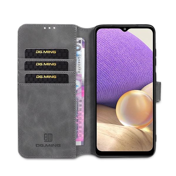 DG.MING Retro Konstläderplånboksfodral för Samsung Galaxy A32 5G - Grå