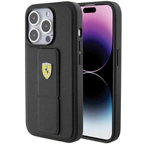 Ferrari Telefontaske til iPhone 15 Pro Grip Stand Metal Logo - Sort Black