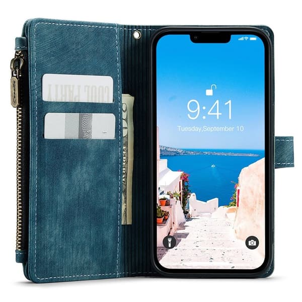 CASEME Konstläder Plånboksfodral för iPhone 15 med Rem och Kortfack - Blå