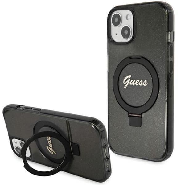 Guess iPhone 15/14 Plus -puhelinkotelo Magsafe-renkaalla Script Glitt Black