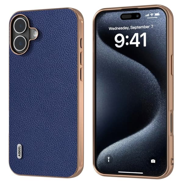 ABEEL Mobilskal till iPhone 16 Äkta Läder + PC + TPU Elektropläterad Blå