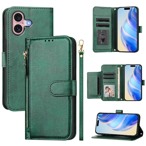 iPhone 16 Plus Plånboksfodral Zipper Pocket Konstläder - Grön Grön