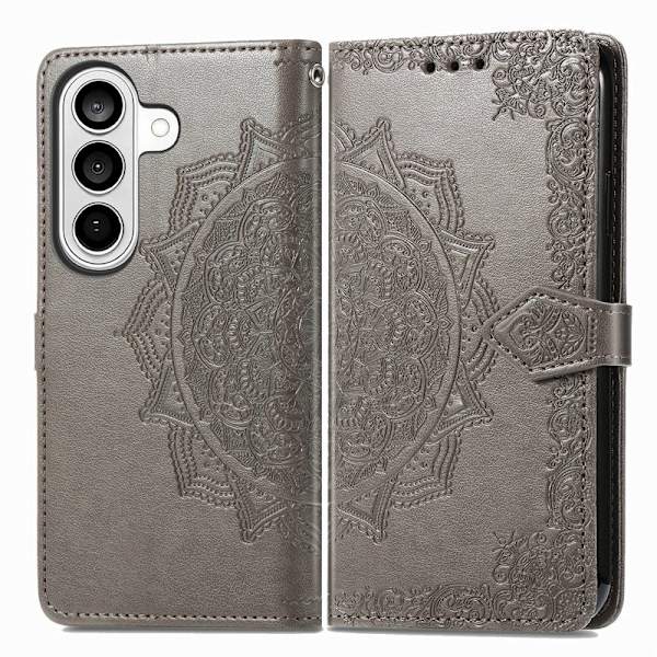 Plånboksfodral för Samsung Galaxy S26 Plus Mandala Blommor Konstläder - Grå
