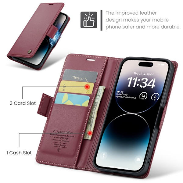 CASEME Plånboksfodral Konstläder för iPhone 15 Pro Max - Röd