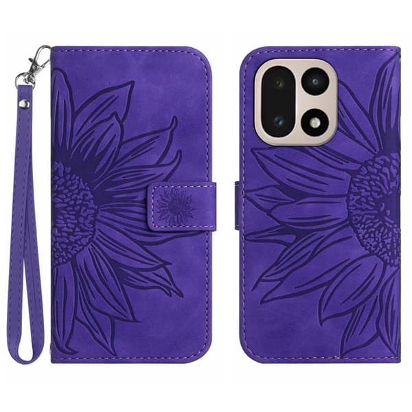 OnePlus 15 Plånboksfodral Sunflower Imprint Konstläder Mörklila