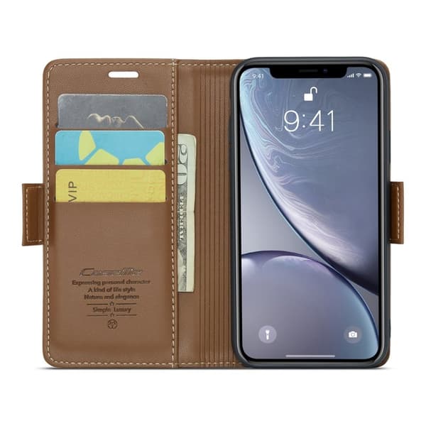 CASEME Plånboksfodral Konstläder för iPhone XR RFID-Skydd - Brun