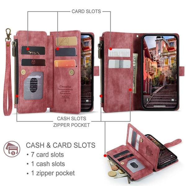 CASEME C30 iPhone 14 Pro Plånboksfodral Konstläder Röd med Kortfack