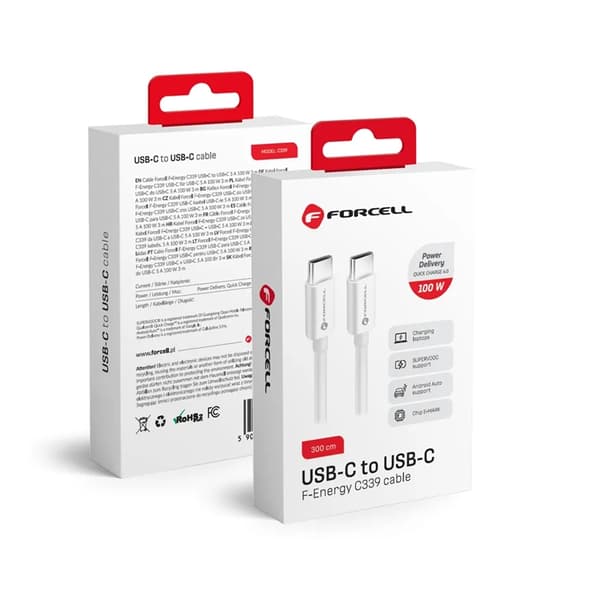 Forcell USB-C till USB-C kabel 3m 100W - Vit Vit