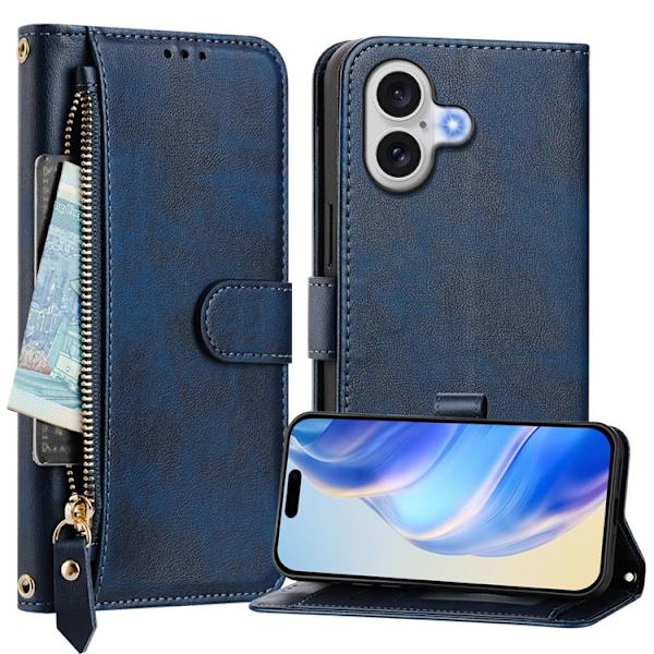 iPhone 17 Plånboksfodral Zipper Pocket Läder - Blå Blå